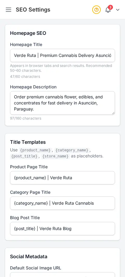 DabDash SEO settings showing filled in meta title, description, and share image fields
