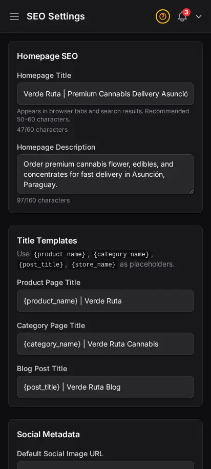 DabDash SEO settings showing filled in meta title, description, and share image fields