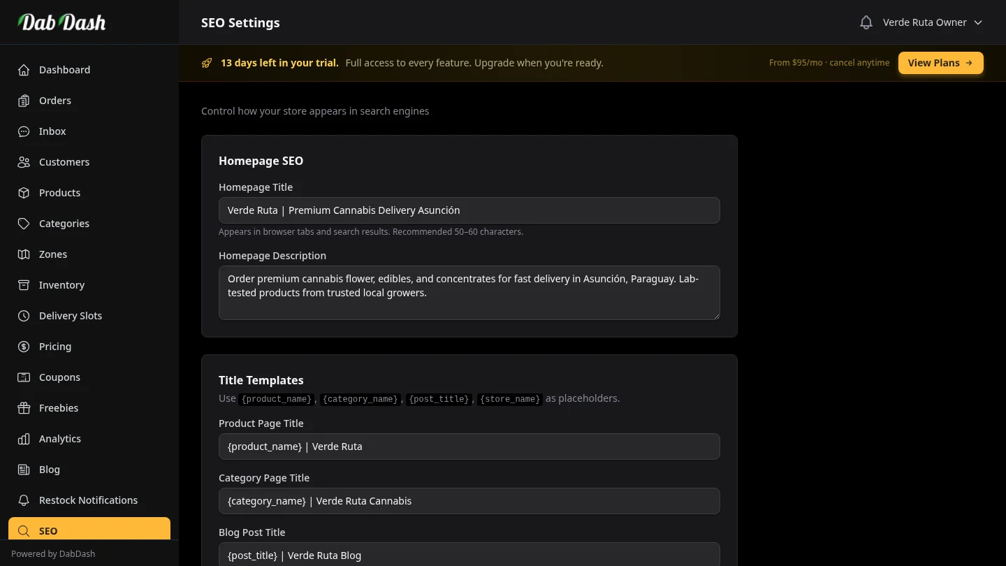 DabDash SEO settings with meta title, description, and Open Graph fields pre-filled