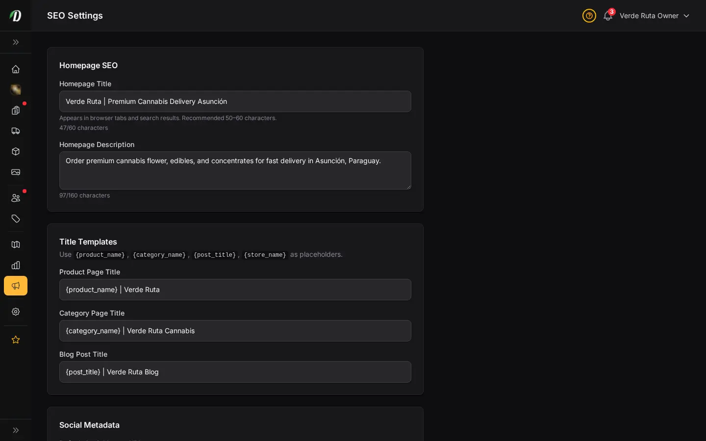 DabDash SEO settings showing filled in meta title, description, and share image fields
