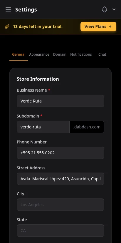 DabDash general settings showing store name, address, phone, and tax configuration