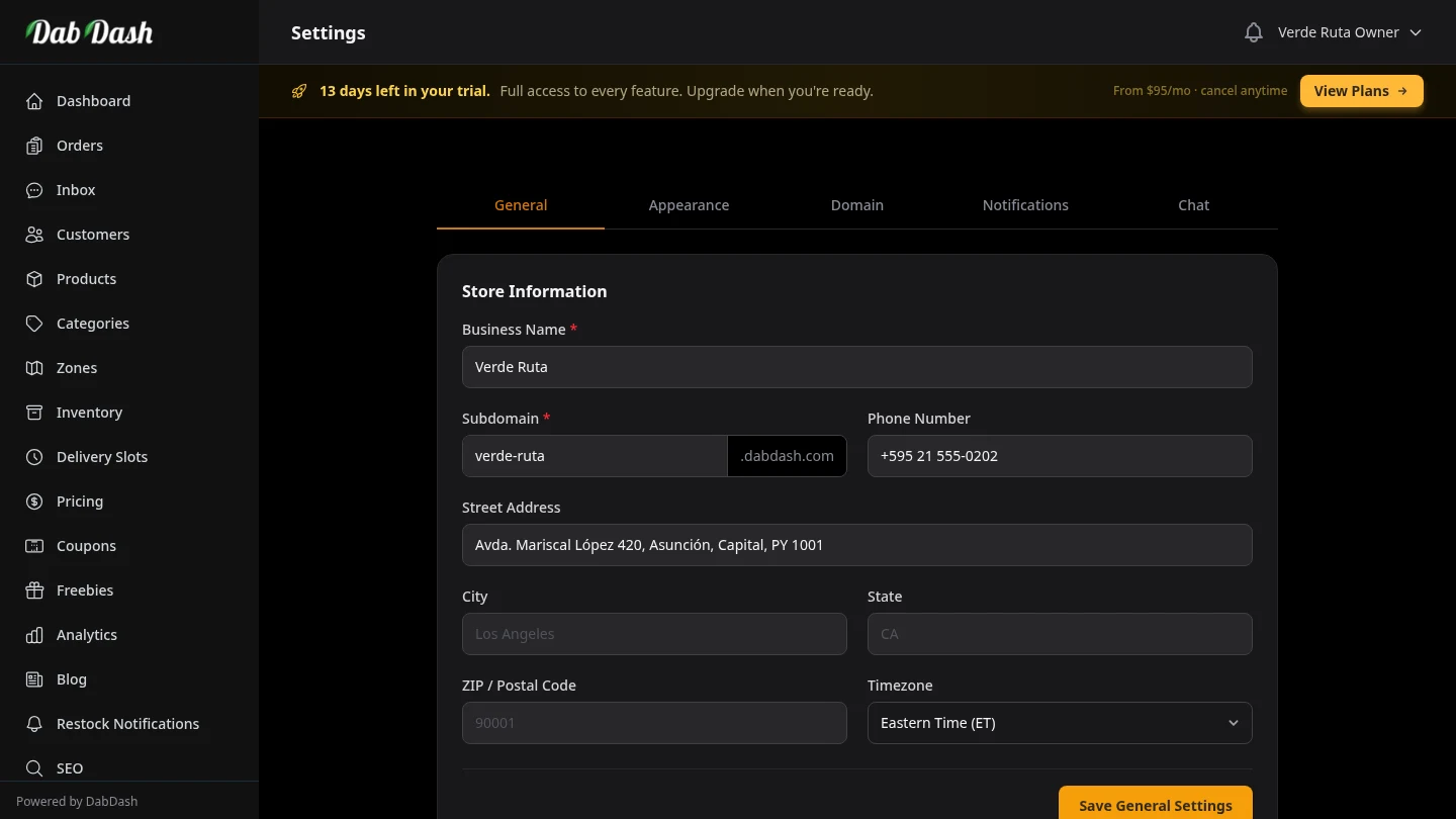 DabDash general settings showing store name, address, phone, and tax configuration