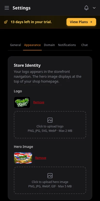 DabDash appearance settings showing logo upload, color pickers, font selector, and dark mode toggle