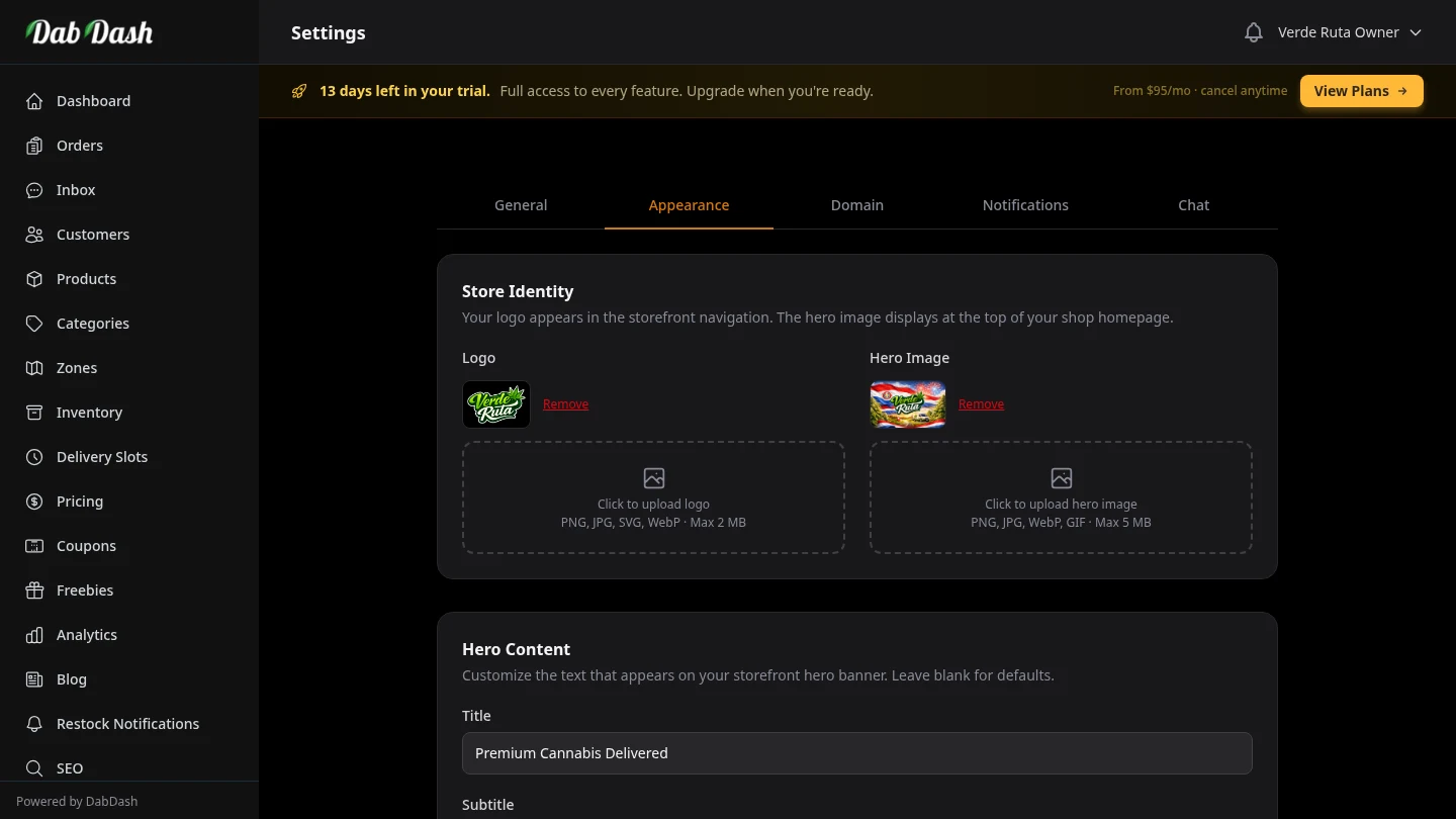 DabDash appearance settings showing logo upload, color pickers, font selector, and dark mode toggle