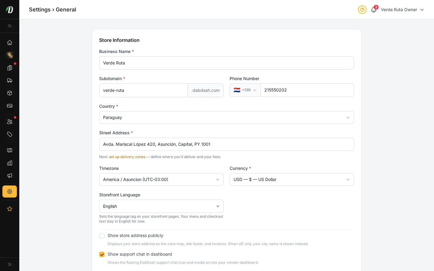 DabDash general settings showing business name, address, phone, and core store details