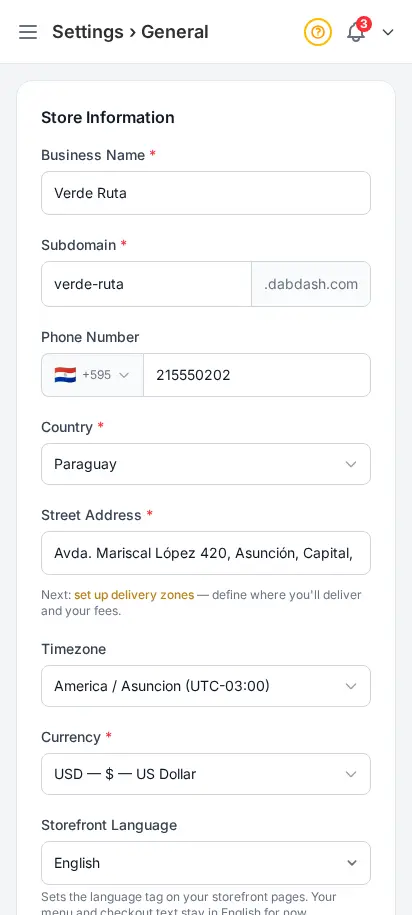 DabDash general settings showing business name, address, phone, and core store details