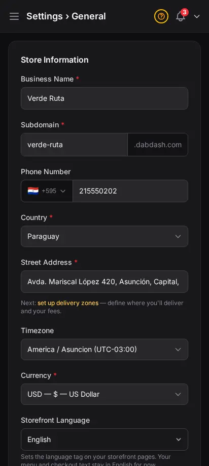 DabDash general settings showing business name, address, phone, and core store details