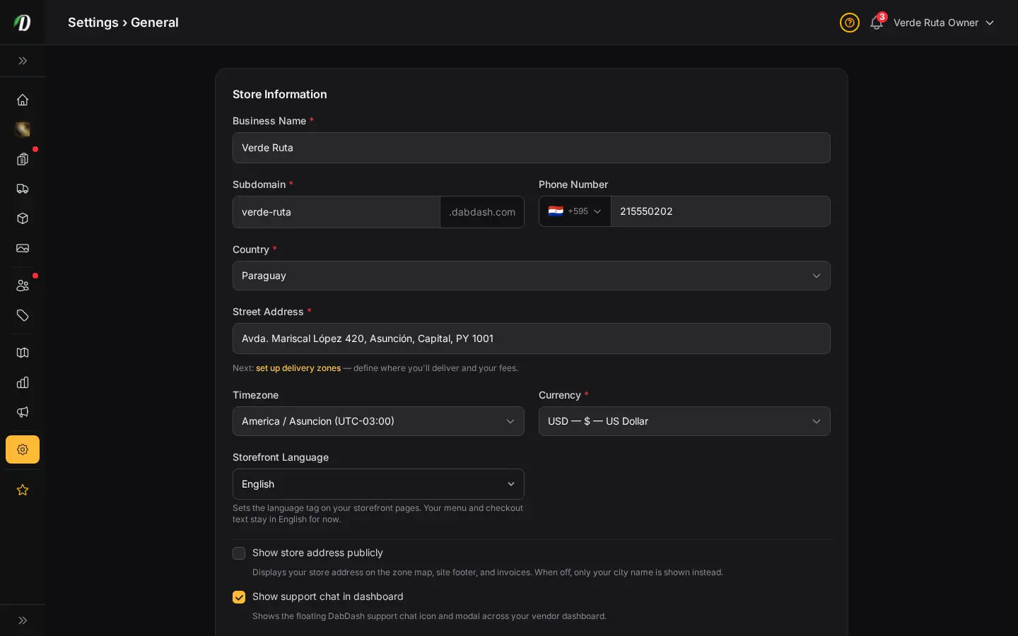 DabDash general settings showing business name, address, phone, and core store details