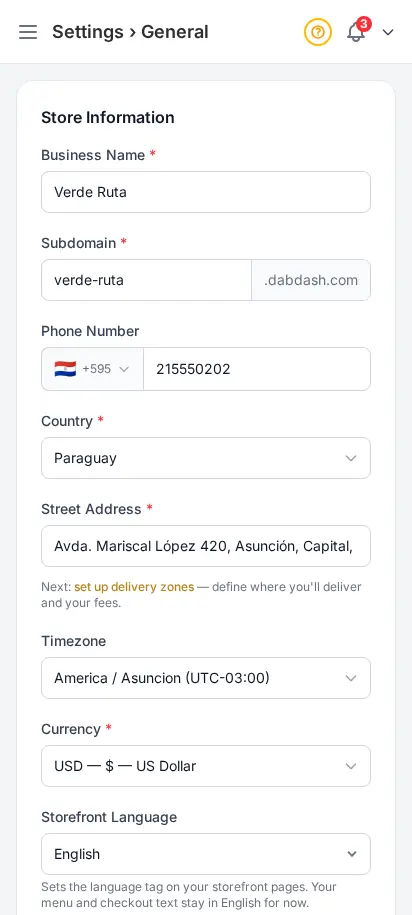 DabDash age check and legal settings showing compliance controls and required store information