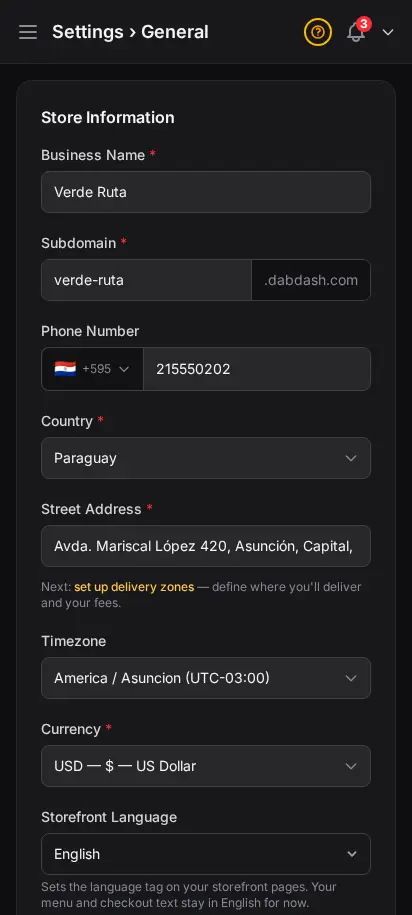 DabDash age check and legal settings showing compliance controls and required store information