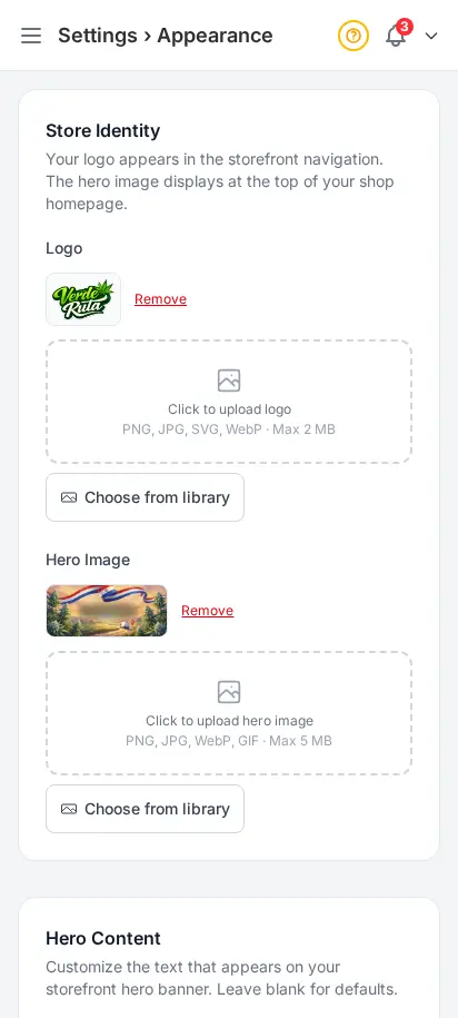 DabDash appearance settings showing logo upload, colors, font, and theme controls