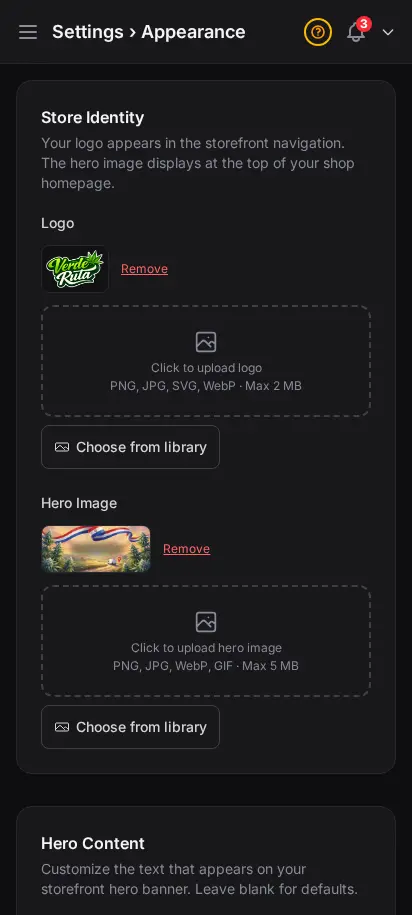 DabDash appearance settings showing logo upload, colors, font, and theme controls