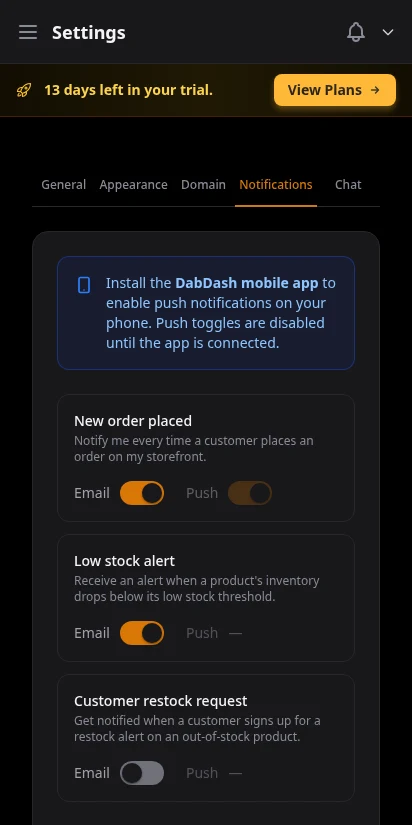 DabDash notification settings showing toggle switches for order, stock, and restock alerts