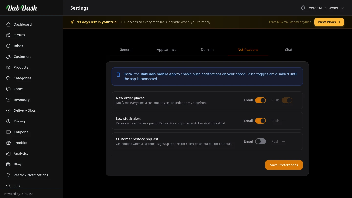 DabDash notification settings showing toggle switches for order, stock, and restock alerts