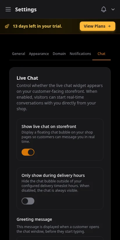 DabDash chat settings tab showing live chat widget enable toggle, availability hours, and auto-response configuration