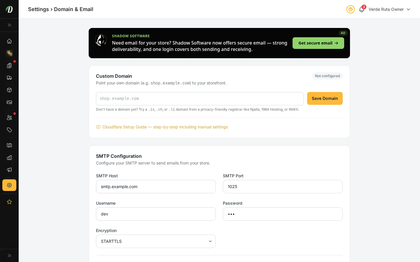 DabDash domain settings showing custom domain setup and DNS verification details