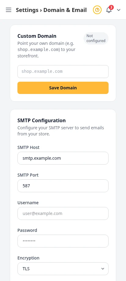 DabDash domain settings showing custom domain setup and DNS verification details — mobile view