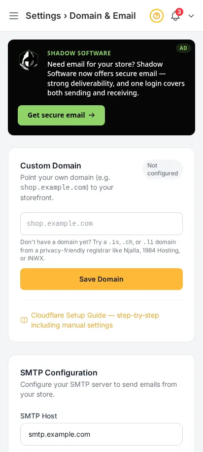 DabDash domain settings showing custom domain setup and DNS verification details — mobile view