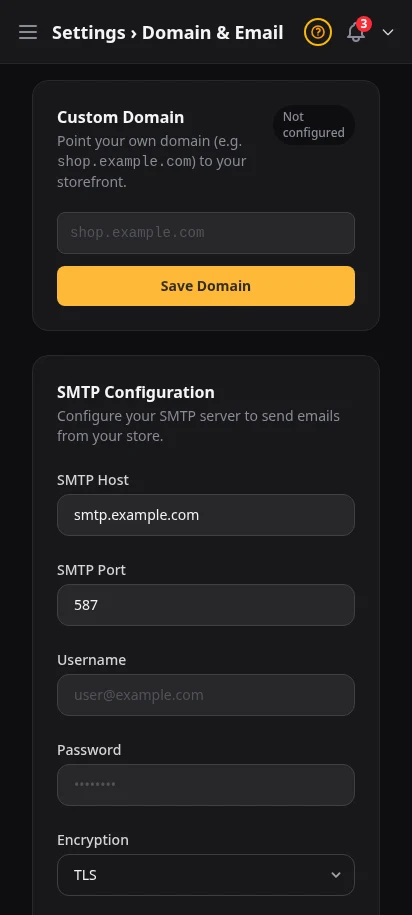 DabDash domain settings showing custom domain setup and DNS verification details — mobile view
