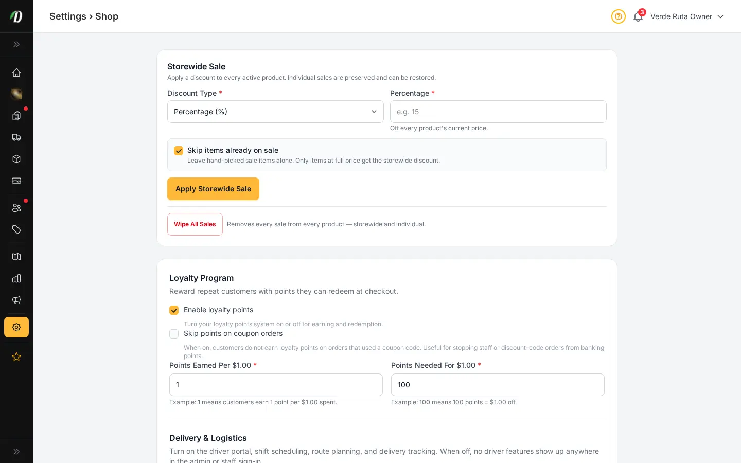 DabDash shop settings showing delivery rules, fees, and storefront behavior controls