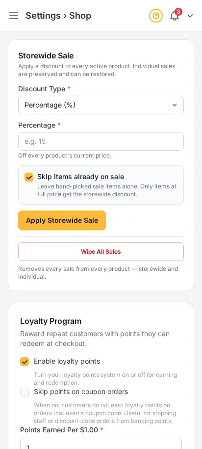 DabDash shop settings showing delivery rules, fees, and storefront behavior controls