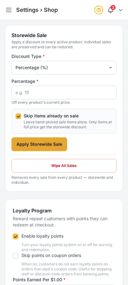 DabDash shop settings showing delivery rules, fees, and storefront behavior controls