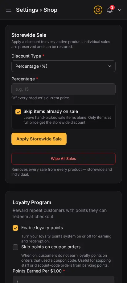 DabDash shop settings showing delivery rules, fees, and storefront behavior controls