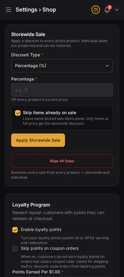 DabDash shop settings showing delivery rules, fees, and storefront behavior controls