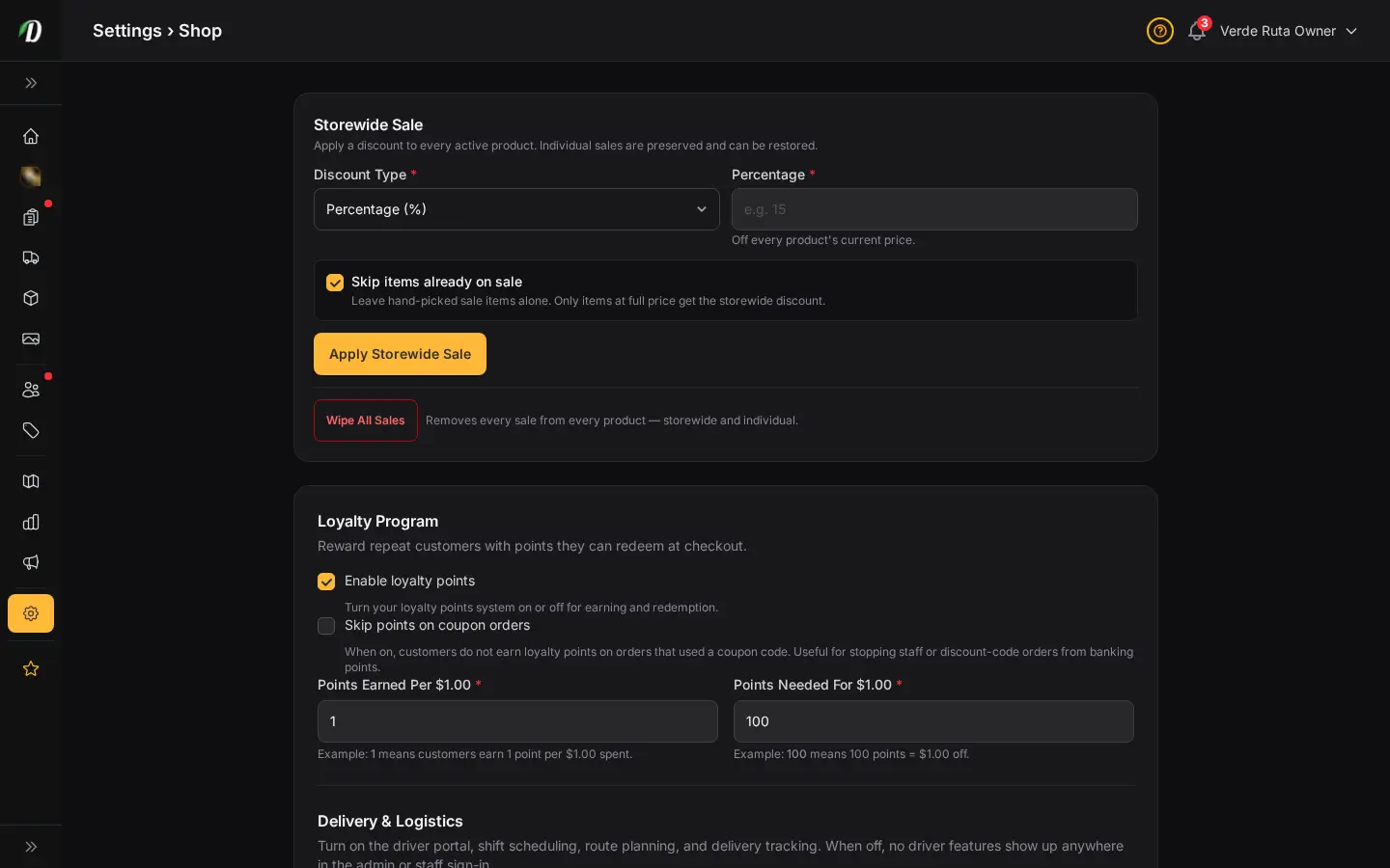 DabDash shop settings showing delivery rules, fees, and storefront behavior controls