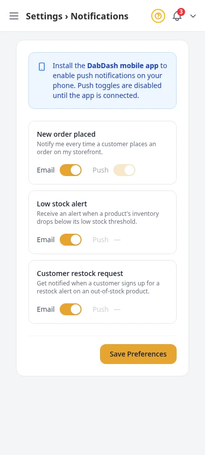DabDash notification settings showing toggles for order, stock, and restock alerts — mobile view
