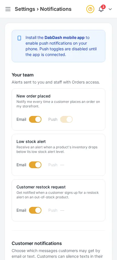 DabDash notification settings showing toggles for order, stock, and restock alerts — mobile view