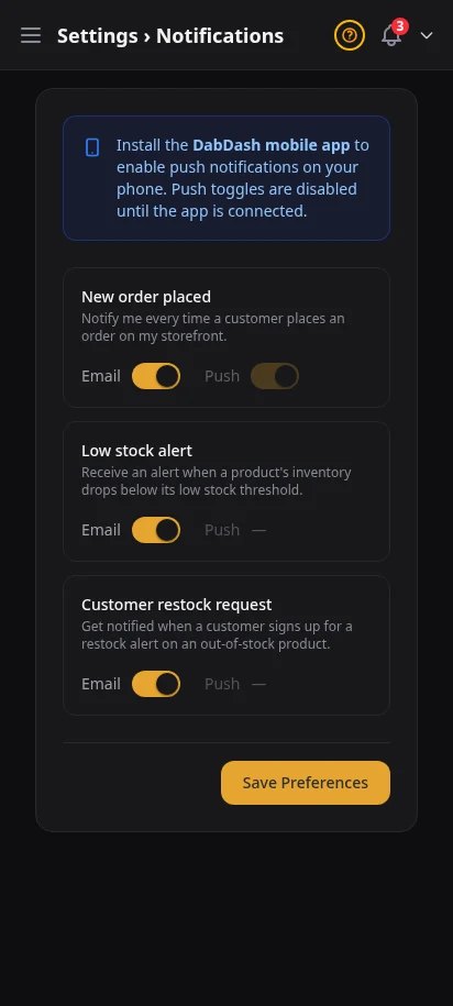 DabDash notification settings showing toggles for order, stock, and restock alerts — mobile view