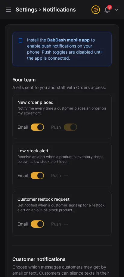 DabDash notification settings showing toggles for order, stock, and restock alerts — mobile view