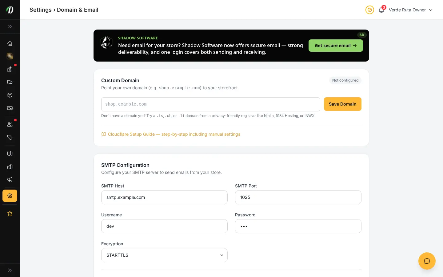 DabDash email settings showing sender details, inbox setup, and email delivery controls