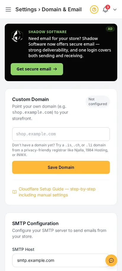 DabDash email settings showing sender details, inbox setup, and email delivery controls — mobile view