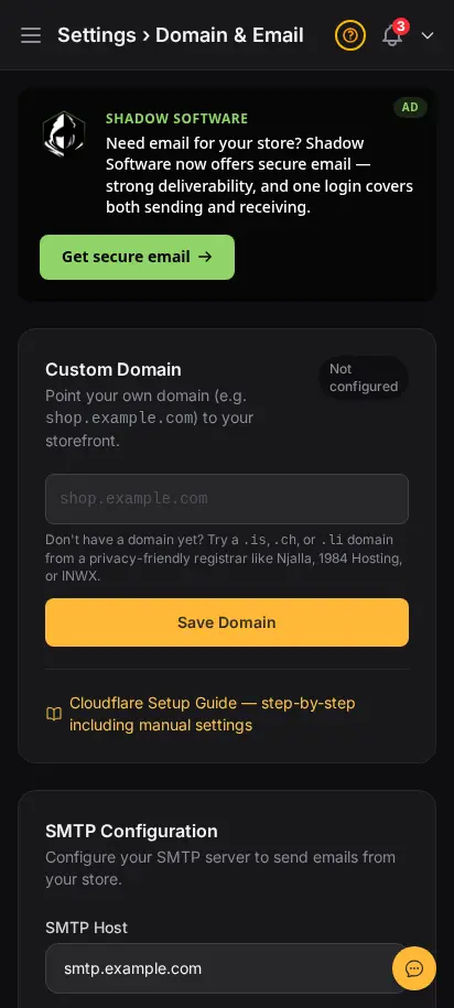 DabDash email settings showing sender details, inbox setup, and email delivery controls — mobile view