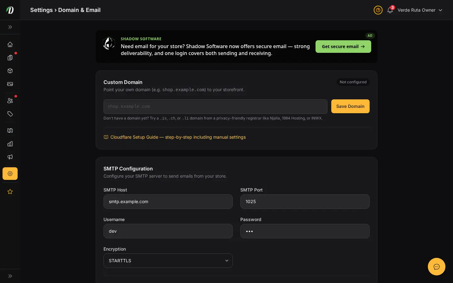 DabDash email settings showing sender details, inbox setup, and email delivery controls