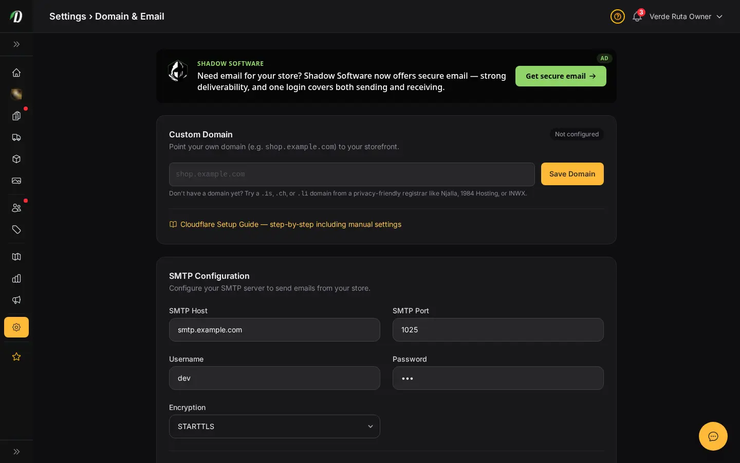 DabDash email settings showing sender details, inbox setup, and email delivery controls