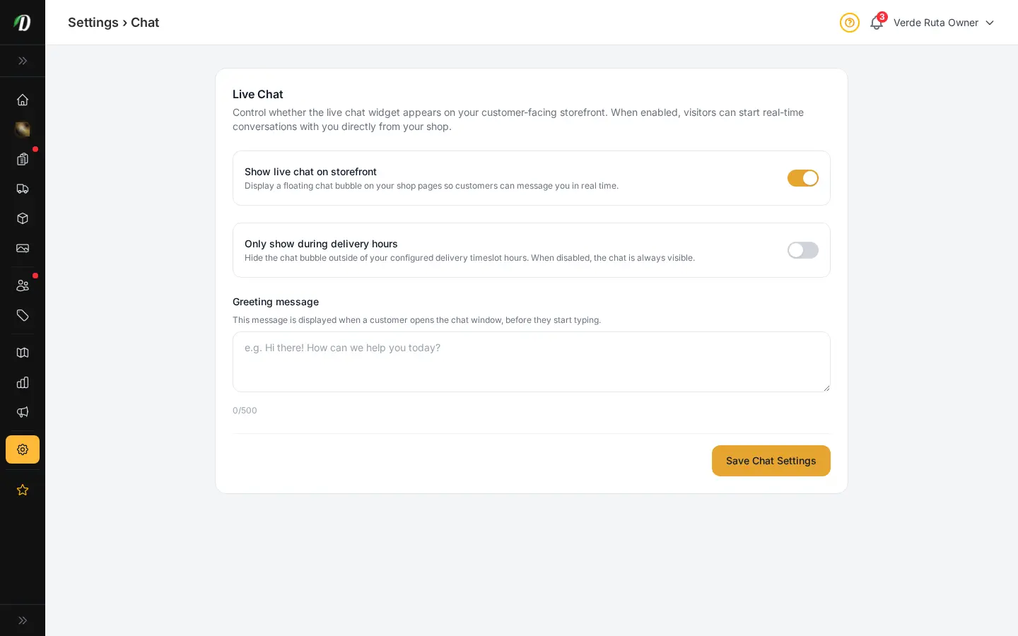 DabDash live chat settings showing greeting text, hours, and enable controls