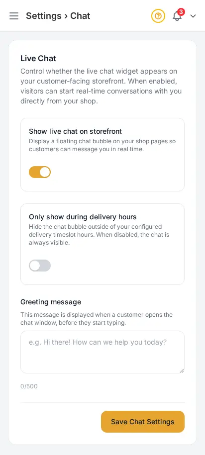 DabDash live chat settings showing greeting text, hours, and enable controls — mobile view