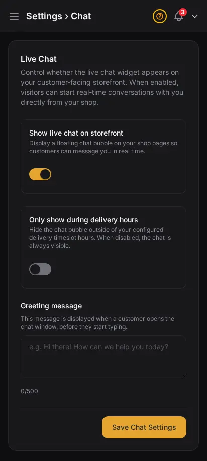 DabDash live chat settings showing greeting text, hours, and enable controls — mobile view
