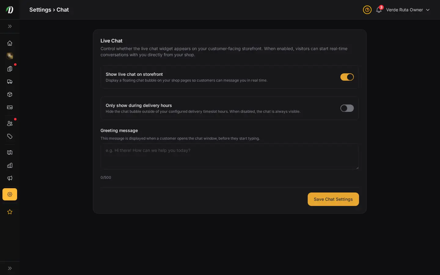 DabDash live chat settings showing greeting text, hours, and enable controls
