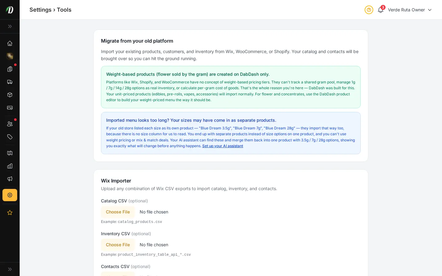 DabDash tools page showing import and setup tools for moving store data in