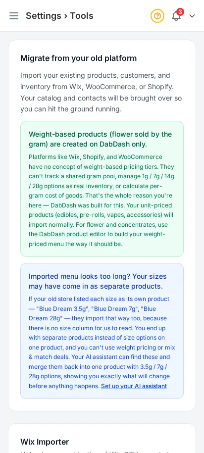 DabDash tools page showing import and setup tools for moving store data in — mobile view
