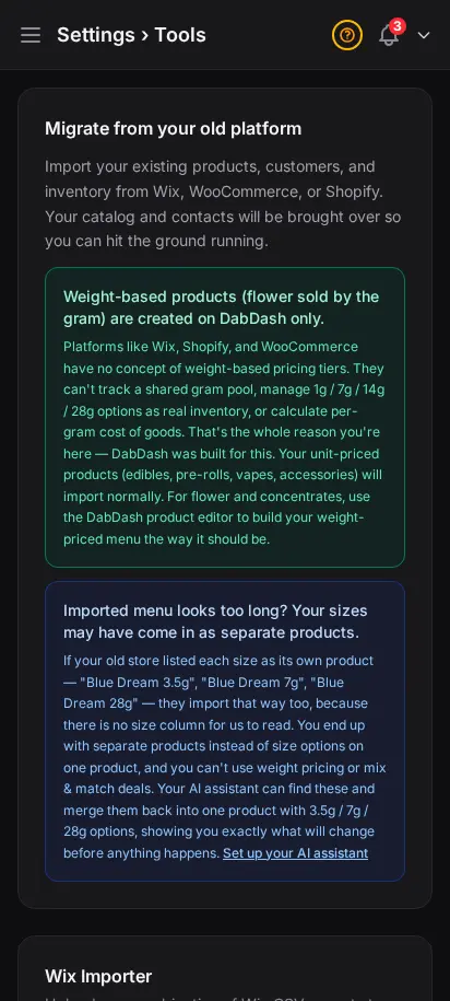 DabDash tools page showing import and setup tools for moving store data in — mobile view