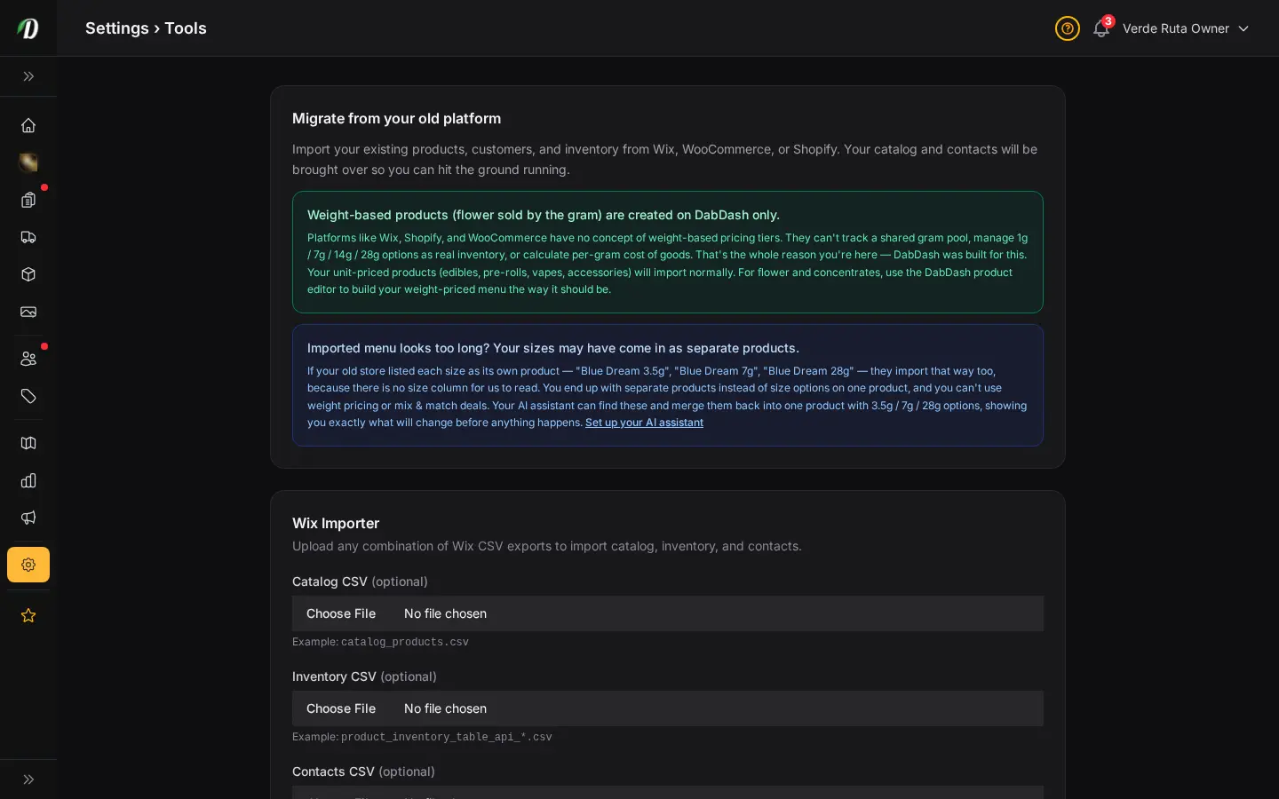 DabDash tools page showing import and setup tools for moving store data in