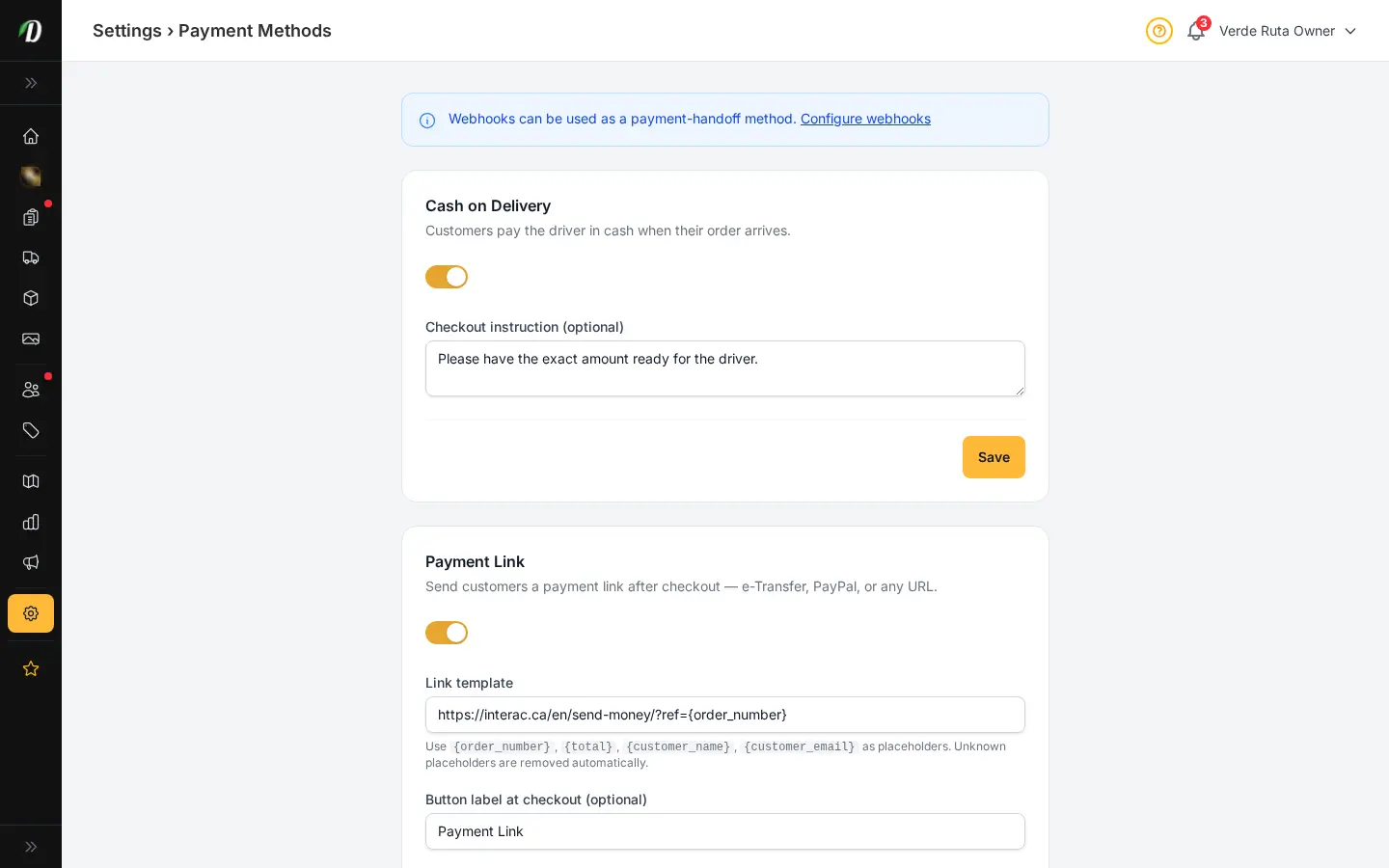DabDash payment methods settings showing cash on delivery, payment link, QR code, webhook, and crypto toggles