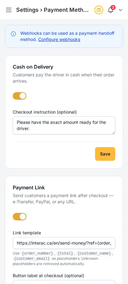 DabDash payment methods settings showing cash on delivery, payment link, QR code, webhook, and crypto toggles