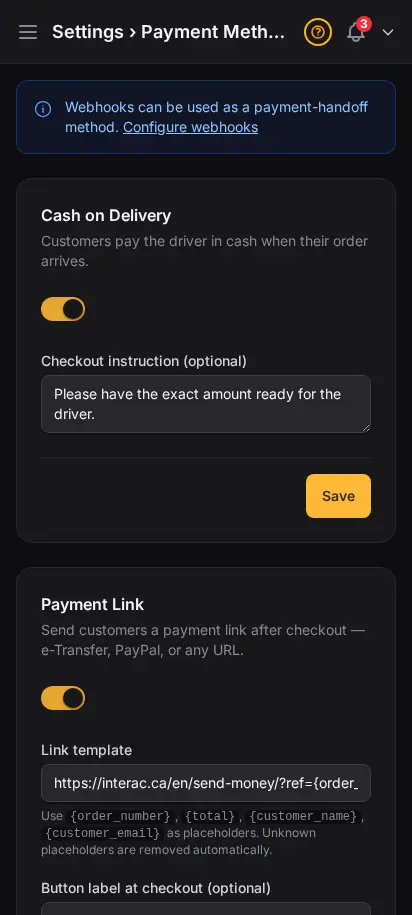DabDash payment methods settings showing cash on delivery, payment link, QR code, webhook, and crypto toggles