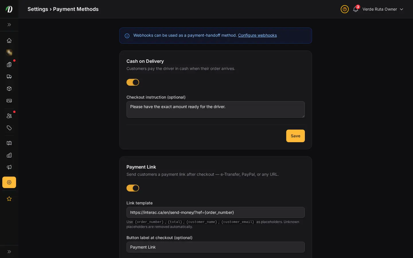 DabDash payment methods settings showing cash on delivery, payment link, QR code, webhook, and crypto toggles